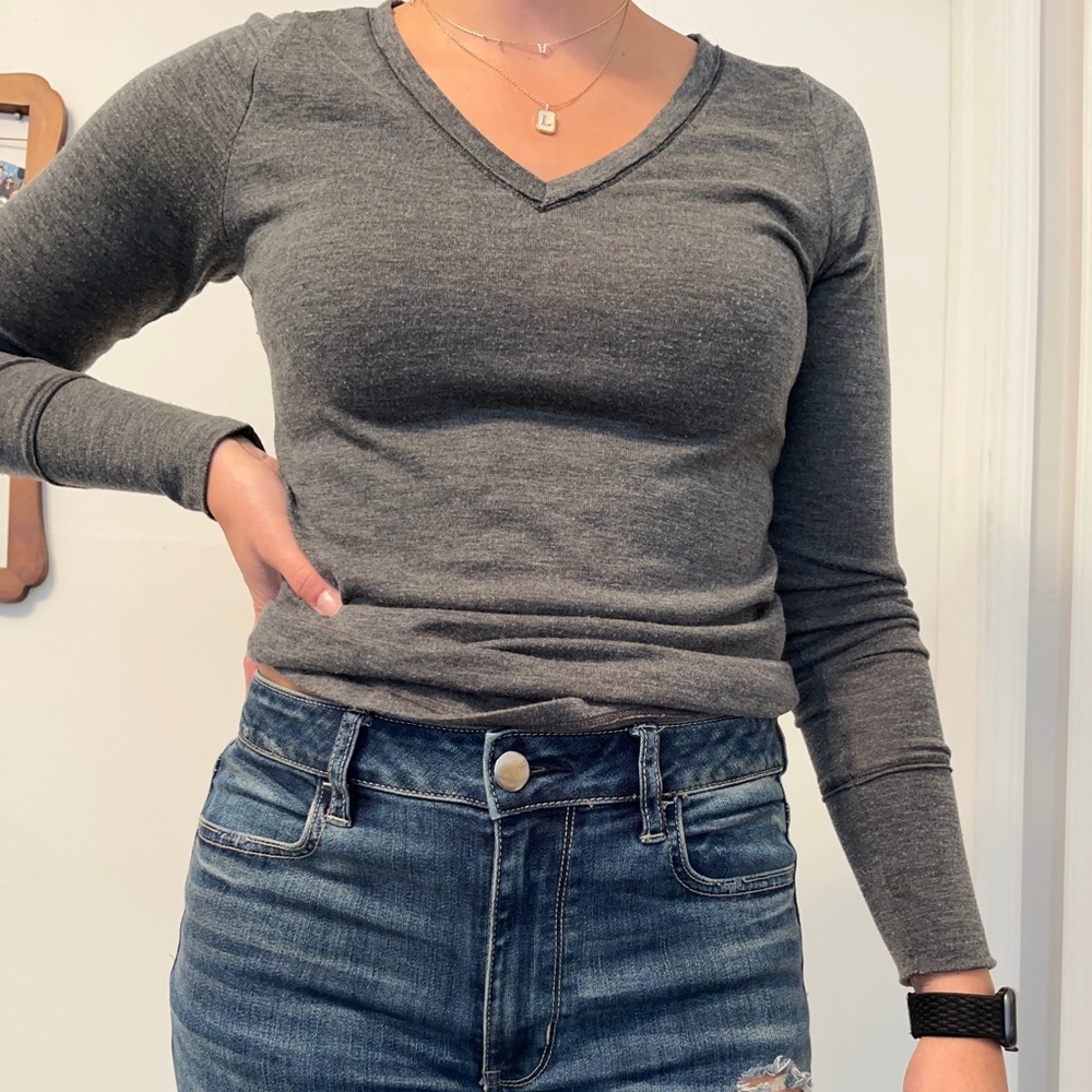 Gray V Neck Long Sleeve Shirt